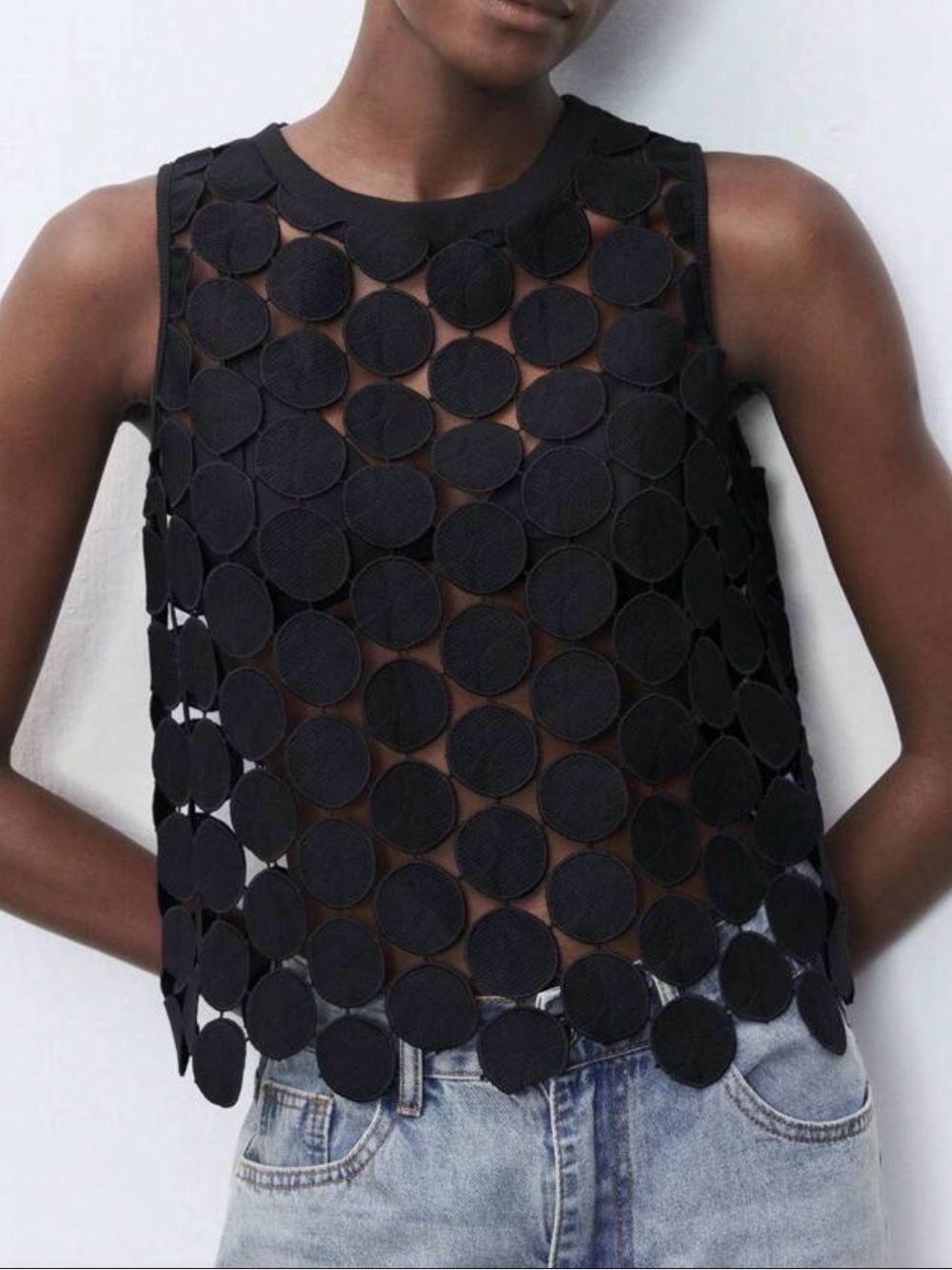 Black Circular Mesh Sleeveless Top